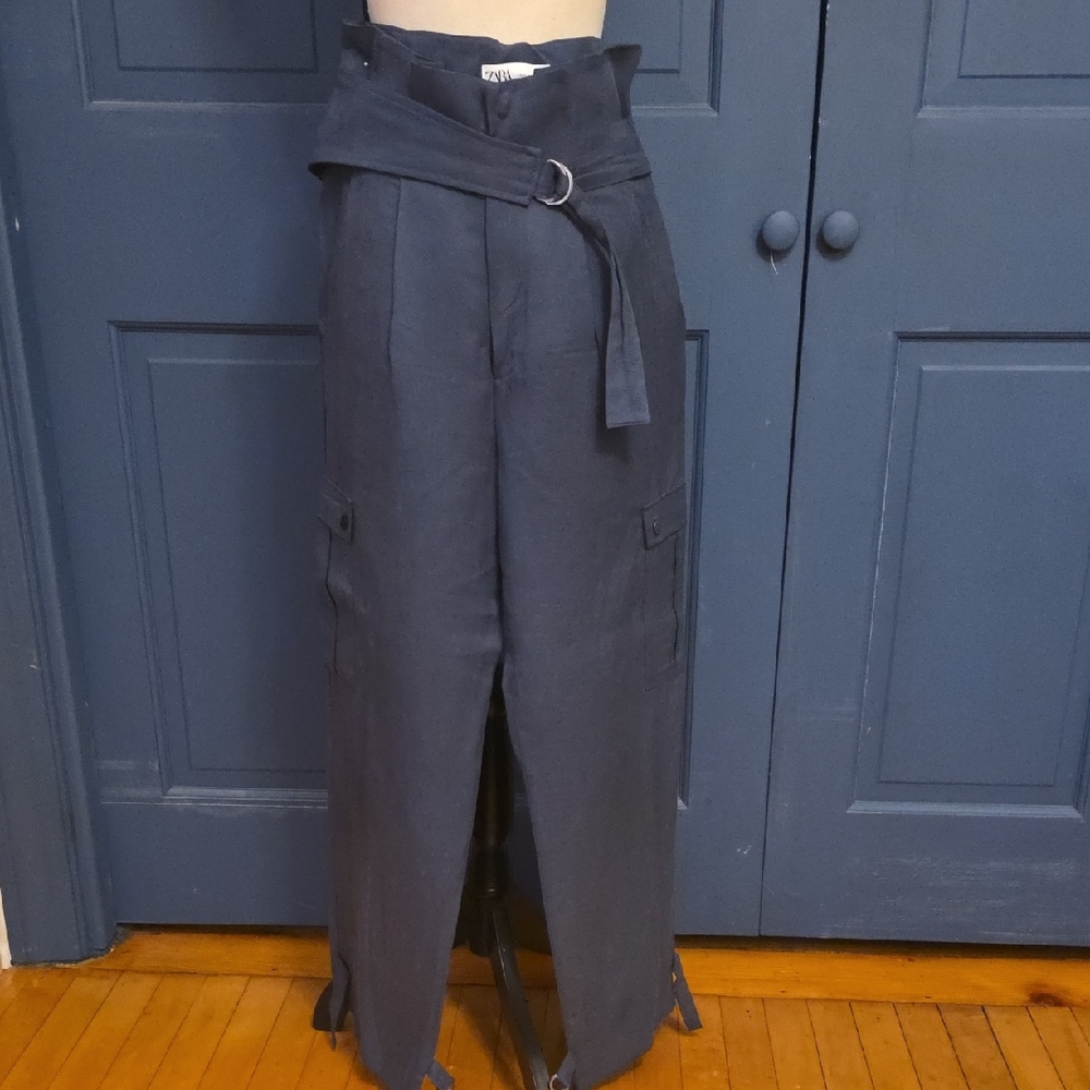 Zara Navy Wide-Leg Paperbag Waist Pants with Belt